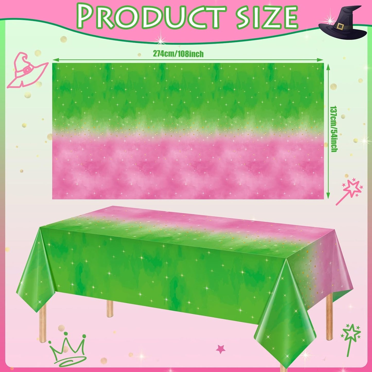 1pcs Witch Party Decorations Tablecloth,Pink and Green Disposable Rectangle Plastic Table Cloth,Witch Theme Table Cover for Kids Baby Shower Wedding Birthday Party Supplies Decors,54 x 108Inch