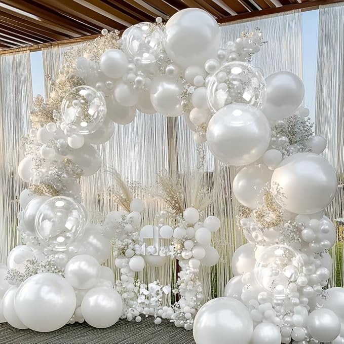 Pearl White Balloon Arch Double Stuffed Pastel White Cream Balloon Garland Different Sizes 12/10/5in With Clear Bobo Balloons For Birthday Wedding Bridal Baby Shower Baptism Engagement Party Decor