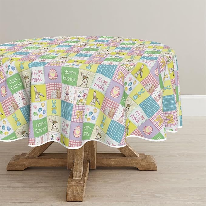 Horaldaily Easter Tablecloth 60×60 Inch Round, Plaid Bunny Rabbits Easter Egg Anemone Bowknot Colorful Washable Seasonal Table Cover for Party Picnic Dinner Decor