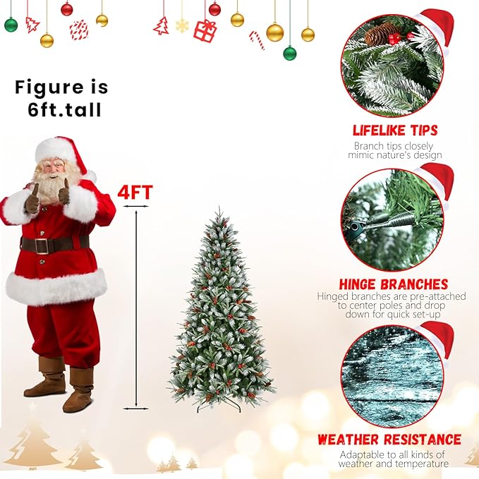 4FT Frosted Artificial Christmas Tree with 747 PE+PVC Branch Tips, Realistic Unlit Christmas Tree with Red Berry and Pine Cone, Memory Wire Hinged Full Xmas Tree with Metal Base for Party, Holiday