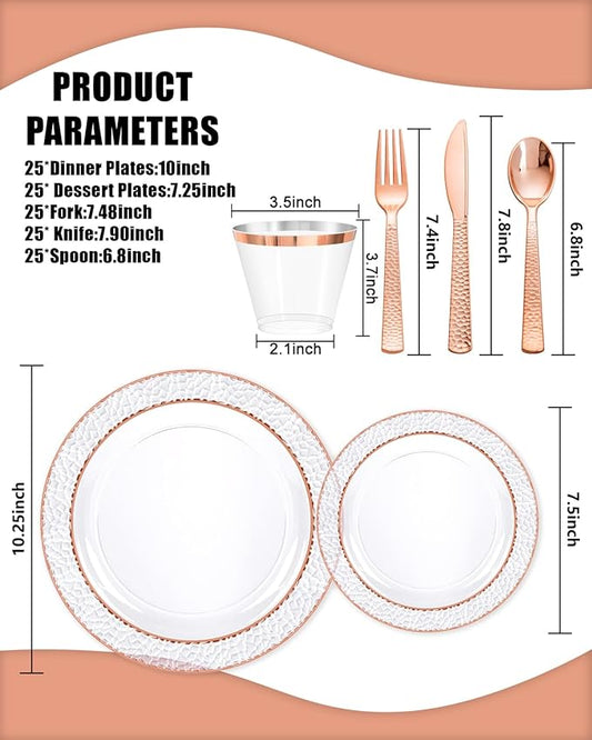 Ciaell 350PCS Rose Gold Plastic Plates - Clear Rose Gold Disposable Plates with Plastic Silverware include 100Plates, 150Silverware, 50Cups, 50Napkins for Wedding & Party & Easter