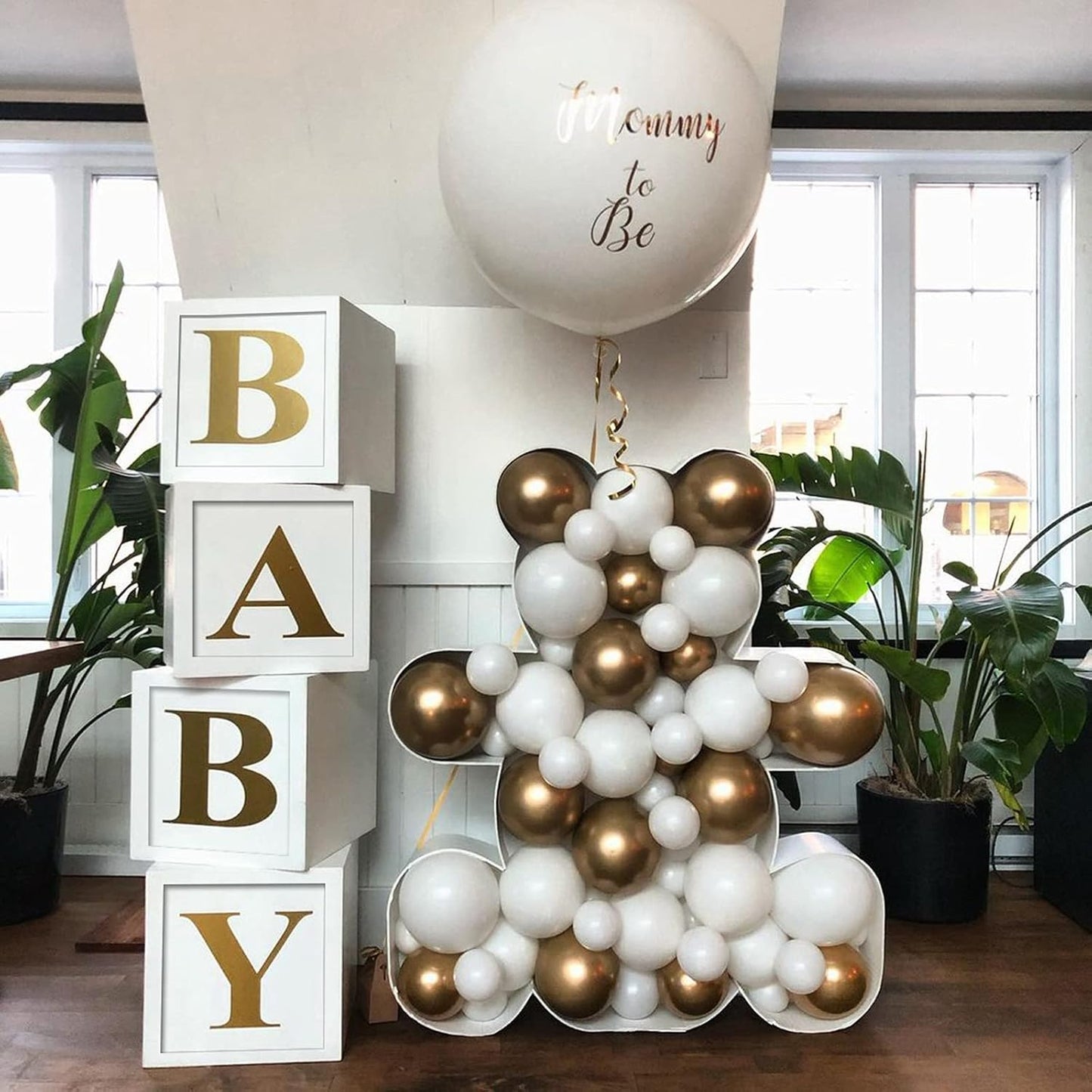 Baby Shower Boxes Party Decorations - 4pcs Stereoscopic White Gold Boxes with Gold Baby+A-Z Letters,Babe Balloon Party Box Blocks for Teddy Bear BabyShower,Boy Girl 1st Birthday Parties Backdrop