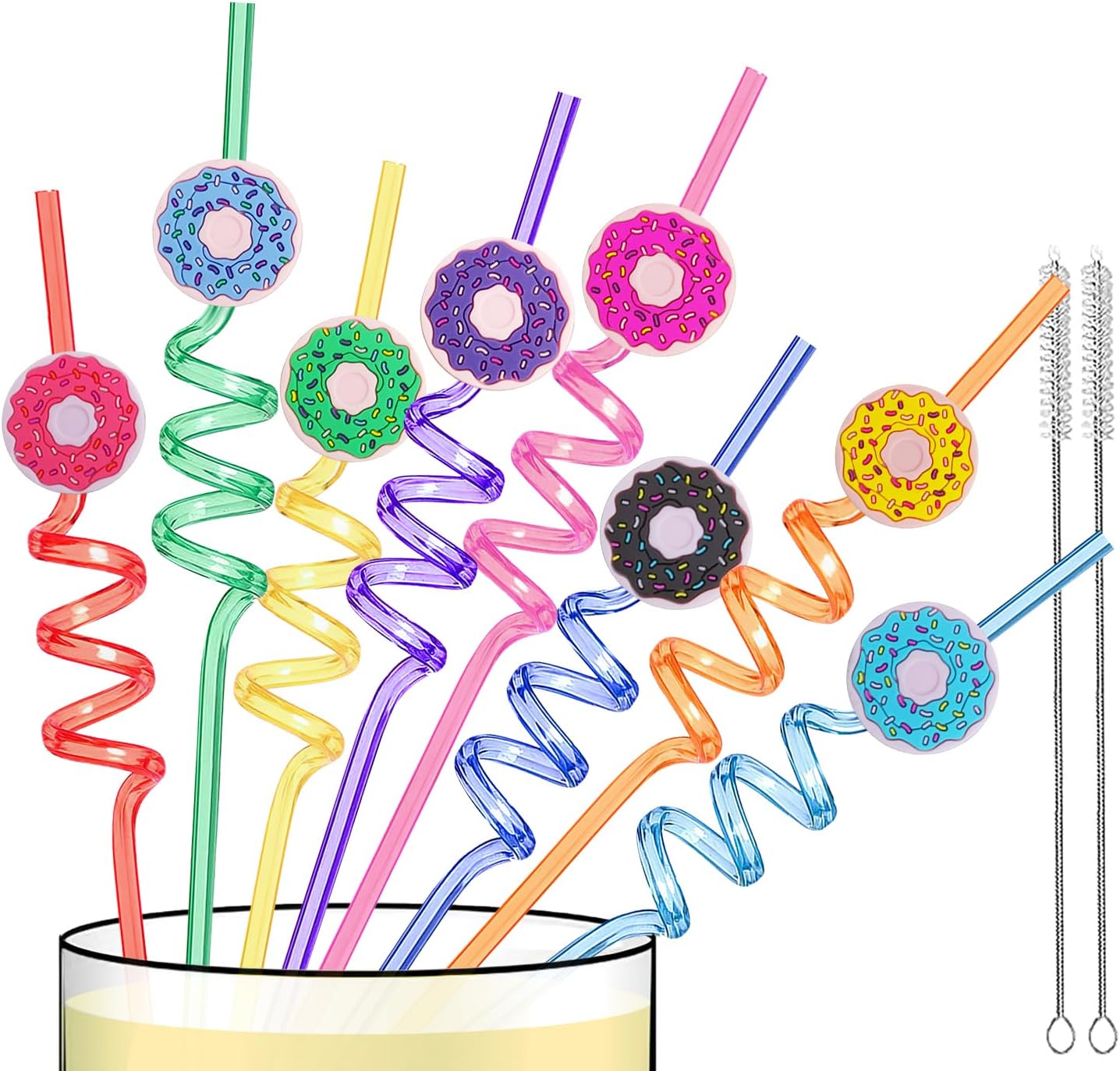 Reusable Donut Straws for Girls Donut Birthday Party Favors, 24 PCS Silly Swirly Drinking Straws for Kids Sweet Birthday Party Decorations Supplies with 2 Cleaning Brush