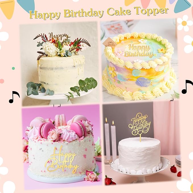 6 Pcs Gold Happy Birthday Cake Topper Side Mirror Acrylic Cake Topper Happy Birthday Cake Sign Decorations Gold Cake Inserts Cake Decor Supplies Golden Cupcake Toppers for Birthday Party Cake Dessert