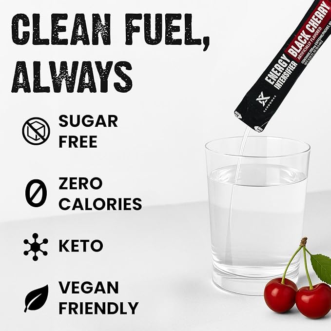 CardoMax - Energy Drink Packets - Liquid Preworkout for Men & Women Caffeine Packets with BCAA, Vitamin B12, Vitamin B6 & B3 - Sugar-Free, Zero Calorie, Vegan & Keto - 15 Stick Packs - Black Cherry