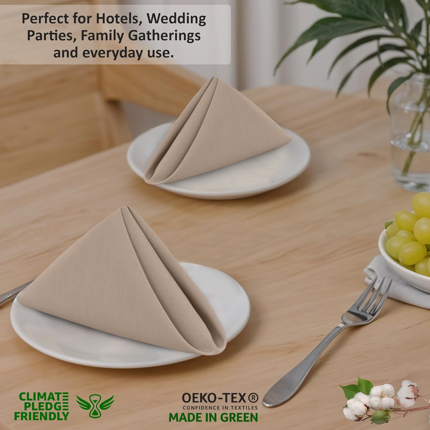 Ruvanti Cloth Napkins Set of 12, 18x18 Inches, 100% Cotton, Washable, Soft & Absorbent, Perfect for Wedding, Christmas, ‎Thanksgiving Dinners - Light Taupe