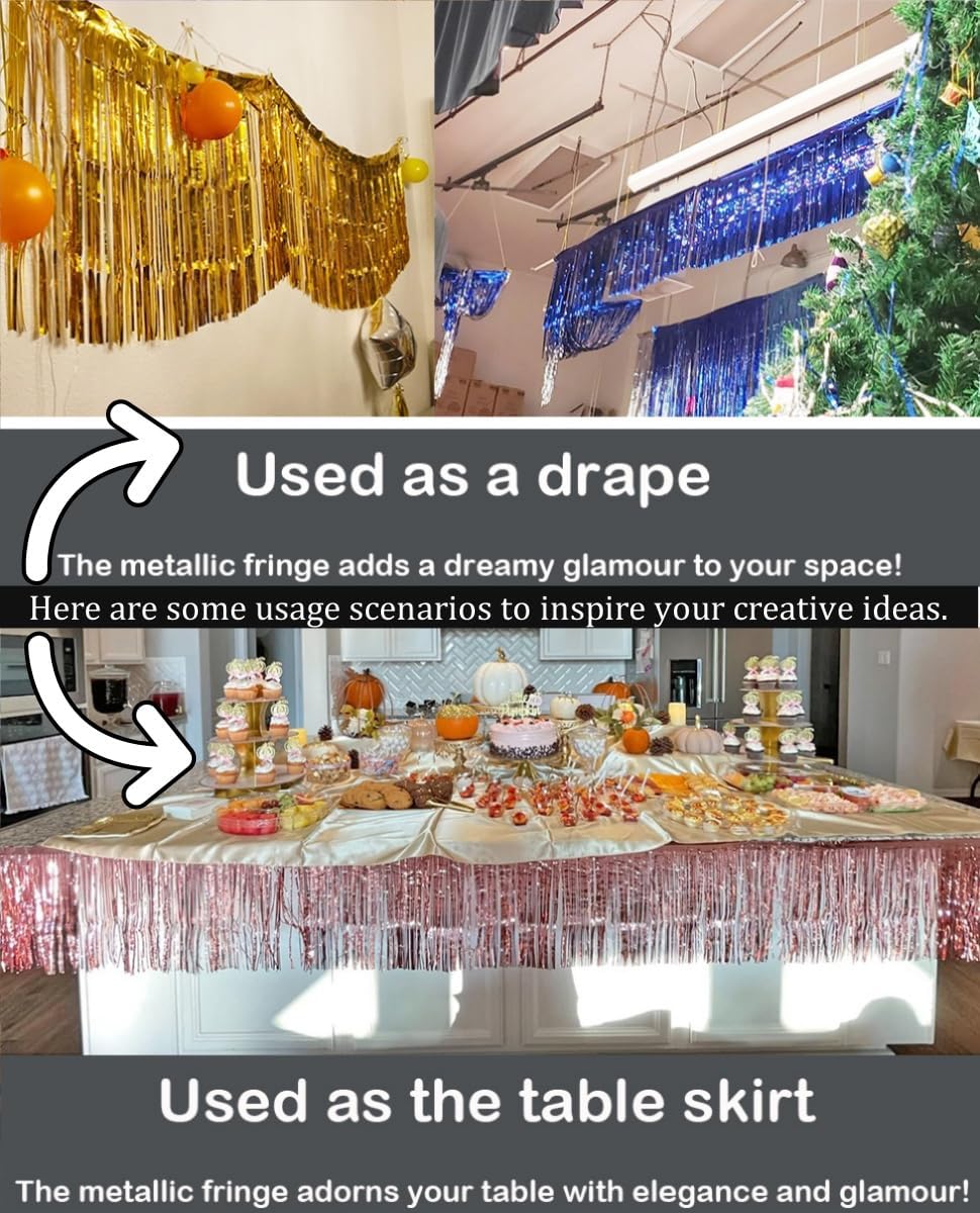 3 Pack Total 30 Feet Foil Fringe Garland Lilac Gold Metallic Wall Hanging Drapes Tassel Skirting Iridescent Gold Tinsel Streamers for Parade Float Trailer Mardi Gras Party Birthday Wedding