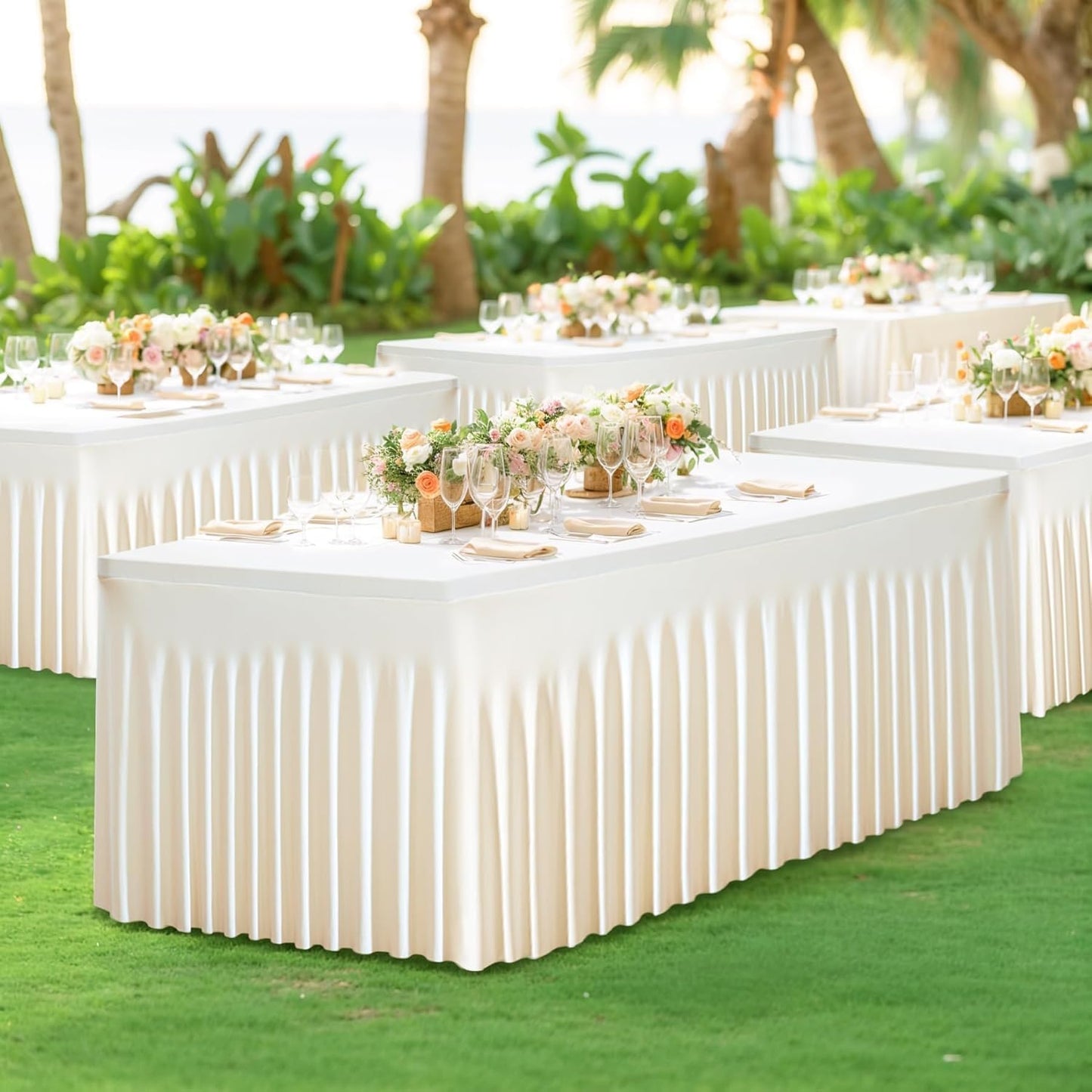 Besutolife 2 Pack Ivory Spandex Tablecloth for 8ft Rectangle Tables Fitted Table Cloth Stretch Table Covers Skirt 8ft Rectangular Tablecloths for Banquet Parties Wedding Decorations