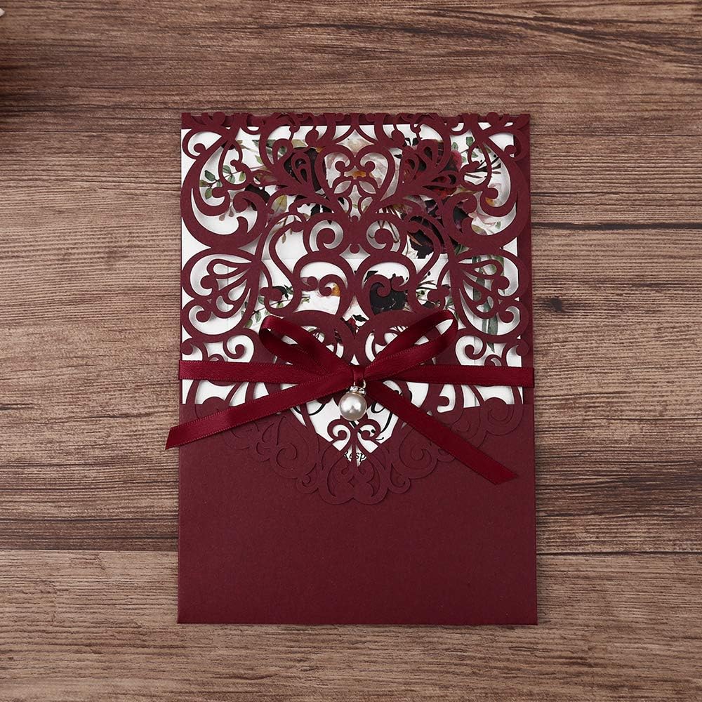 5X7.2 Inch 50PCS Personalized Laser Cut Burgundy Wedding Invitations with RSVP Cards and Envelopes, Wedding Invitation Cards with Ribbon Belly Band Pearl Embellishments