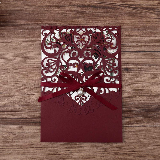 5X7.2 Inch 50PCS Personalized Laser Cut Burgundy Wedding Invitations with RSVP Cards and Envelopes, Wedding Invitation Cards with Ribbon Belly Band Pearl Embellishments