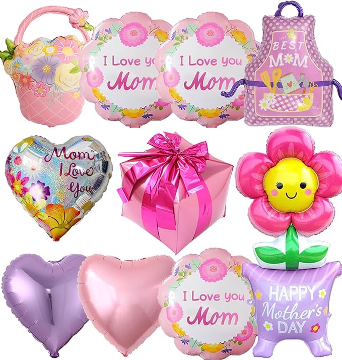 Happy Mother's Day Balloons Party Decorations Pink Flower Basket Heart Flower Pot Apron Gift Box Foil Helium Balloons for Mother's Day Supplies Best Mom Love You Mom Birthday Party Decorations