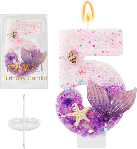 Purple Number 5 Candles Mermaid Birthday Candle 5th Birthday Cake Topper Cupcake Decorations for Girls and Women Party Decor Anniversary Celebrations Supplies Favors
