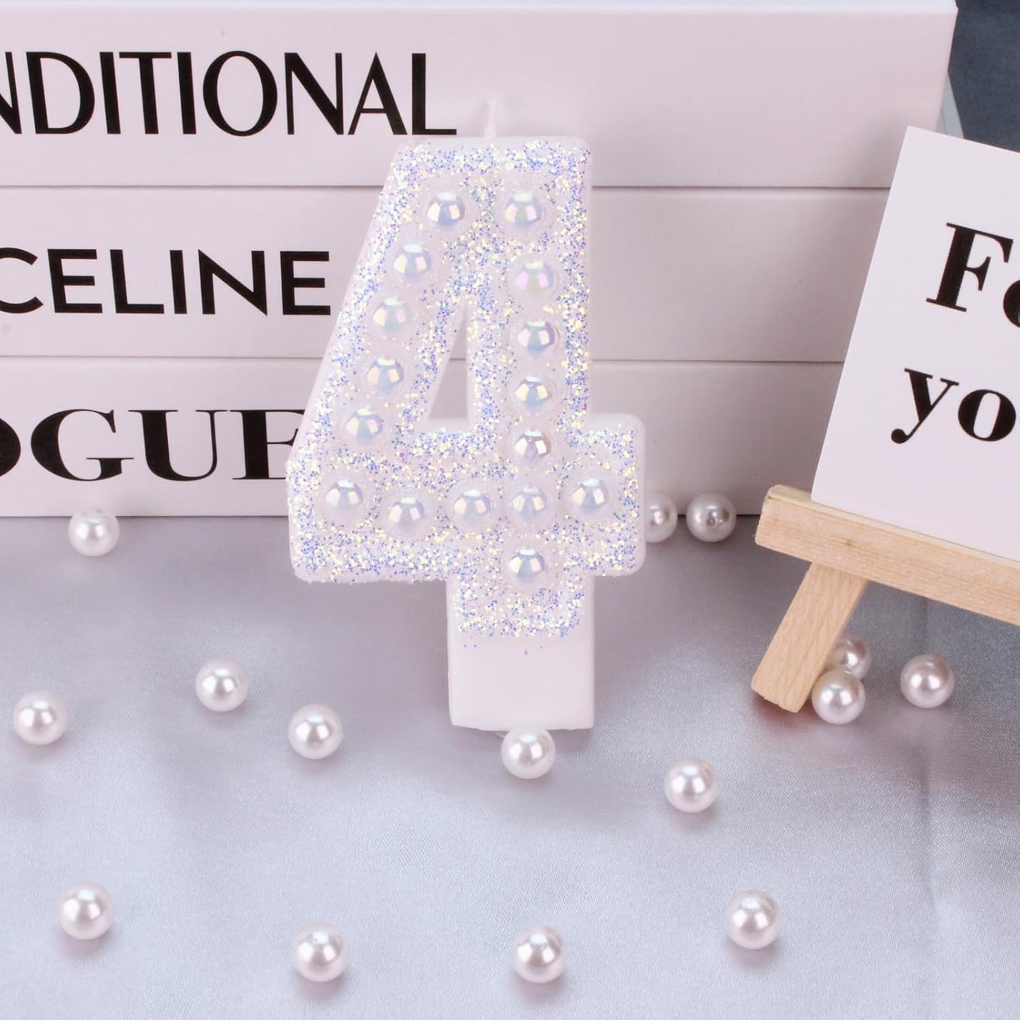Birthday Candles, Number 4 Birthday Candle for Cake, Birthday Candles Sparklers with Holographic Colored Pearls, 3.35" Large Pearl Candles for Four Sweet Birthday Party Decoration Supplies