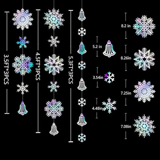 40 Ft Snowflakes Party Decorations Iridescent Snowflakes Bell Garland Holographic Big Snowflakes Hanging Streamer Backdrop for Winter Wonderland Christmas Holiday Birthday Home Window Wall Room Decor