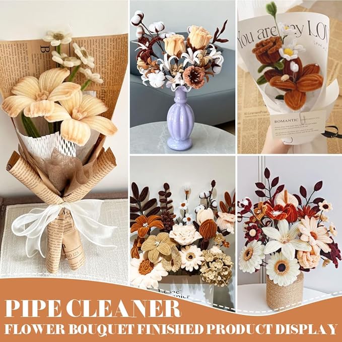 620 Pieces Pipe Cleaners Craft Set, 600 Pcs Brown Chenille Stems with 20 Pcs Flower Stems, Craft Supplies Bulk for DIY Art and Craft Projects Creative Gift Wrapping Party Decorations(Brown Series)