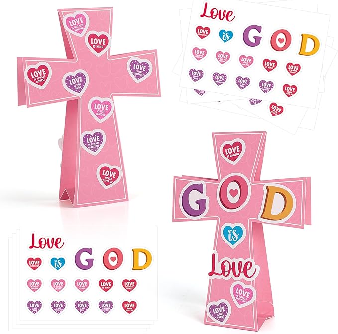 Yewfold 24Pcs Valentine's Day Religious Cross Craft Kit, Valentines DIY Cross Make Your Own 3D Handmade Valentines Christian Crafts, God is Love Church Art Project Activities