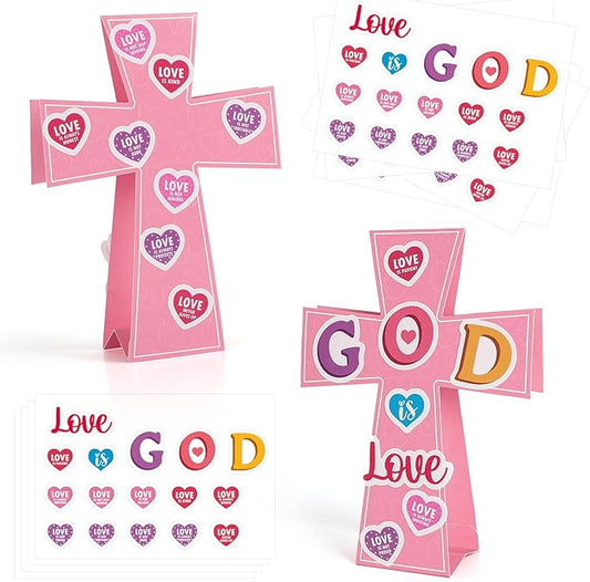 Yewfold 24Pcs Valentine's Day Religious Cross Craft Kit, Valentines DIY Cross Make Your Own 3D Handmade Valentines Christian Crafts, God is Love Church Art Project Activities