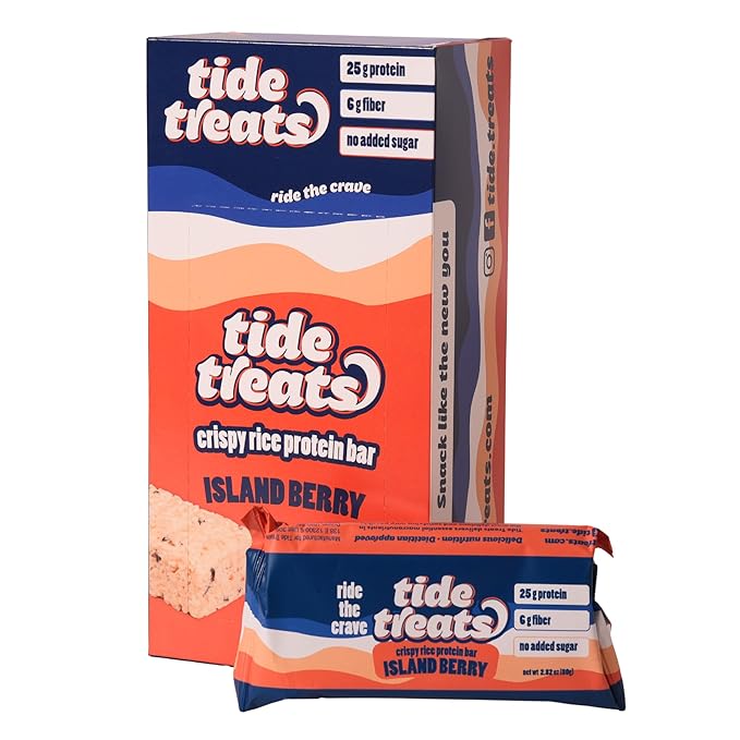 25g Protein Bar Crispy Rice Treat Island Berry | Clean Ingredients, No Added Sugar, 7g Fiber, Gluten Free | High Protein Snack for On-the-Go, Post-Workout or Dessert Cravings | 8 Count | Tidetreats