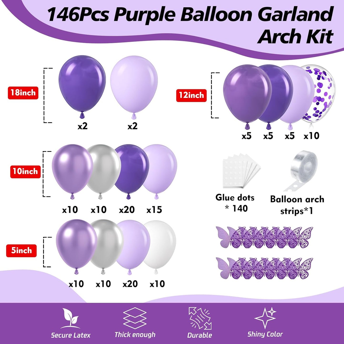 146Pcs Purple Balloons Garland Arch Kit - 5 10 12 18 inch Lavender Dark Purple Metallic Latex Balloons for Butterfly Baby Shower Birthday Wedding Princess Party Decorations