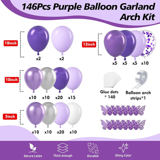 146Pcs Purple Balloons Garland Arch Kit - 5 10 12 18 inch Lavender Dark Purple Metallic Latex Balloons for Butterfly Baby Shower Birthday Wedding Princess Party Decorations