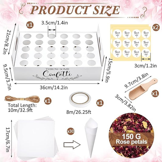 1 Sets Wedding Confetti Cones with 150g (5.29 Oz) Biodegradable Dried Flowers White Petal Confetti - 30 Paper Cones, Tray & Stickers for Wedding, Bridal Shower, Engagement Party, Baby Shower