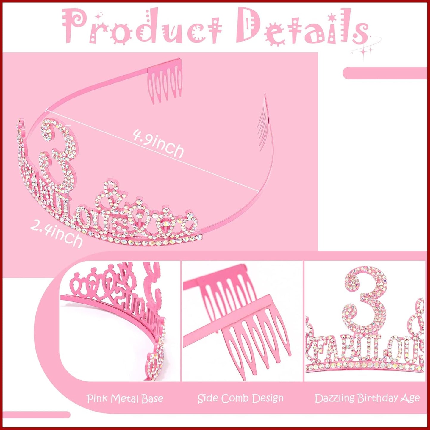 3rd Birthday Decorations for Girls Set - Happy 3rd Birthday Princess Crown and Glitter Sash, 3 Year Old Girl Tiara Party Decorations Supplies Outfit Accessory Gifts