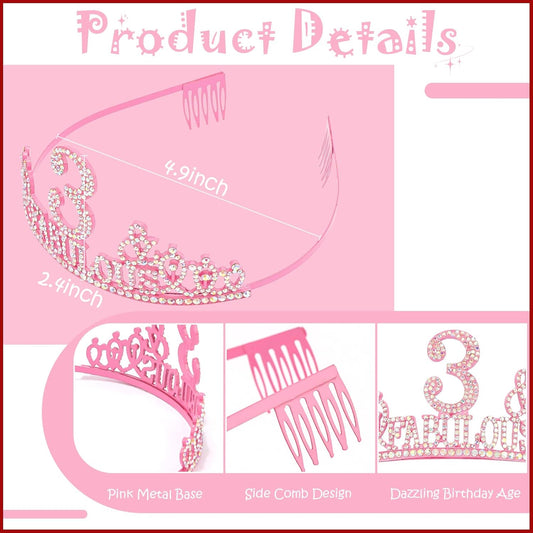 3rd Birthday Decorations for Girls Set - Happy 3rd Birthday Princess Crown and Glitter Sash, 3 Year Old Girl Tiara Party Decorations Supplies Outfit Accessory Gifts