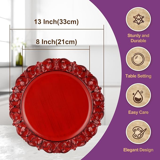 Gifturbo 13" Antique Red Charger Plate Set of 6, Chargers for Dinner Plates with Embossed Rims, Round Plastic Plate Chargers for Christmas, Wedding, Elegant Tableware Decoration