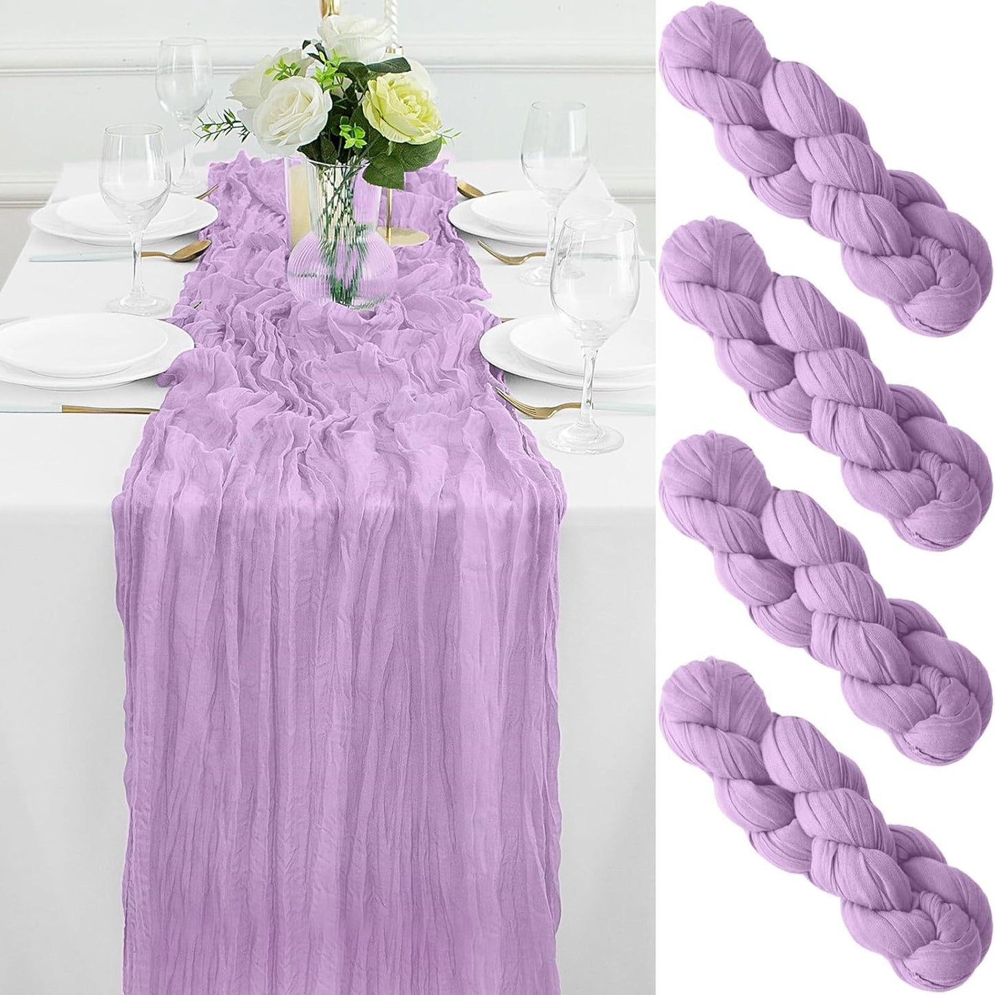 4Pack Lavender Table Runner 10FT Cheesecloth Table Runner 35x120Inch Long Boho Cheese Cloth Table Runners Rustic Gauze Table Runners for Party Wedding Bridal Shower Baby Shower Decorations