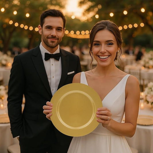 JEVERGN 10 Pack Gold Charger Plates, 13" Chargers for Dinner Plates, Gold Plate Chargers Set of 10, Round Plastic Charger for Wedding, Party Event, Dinner, Table Setting