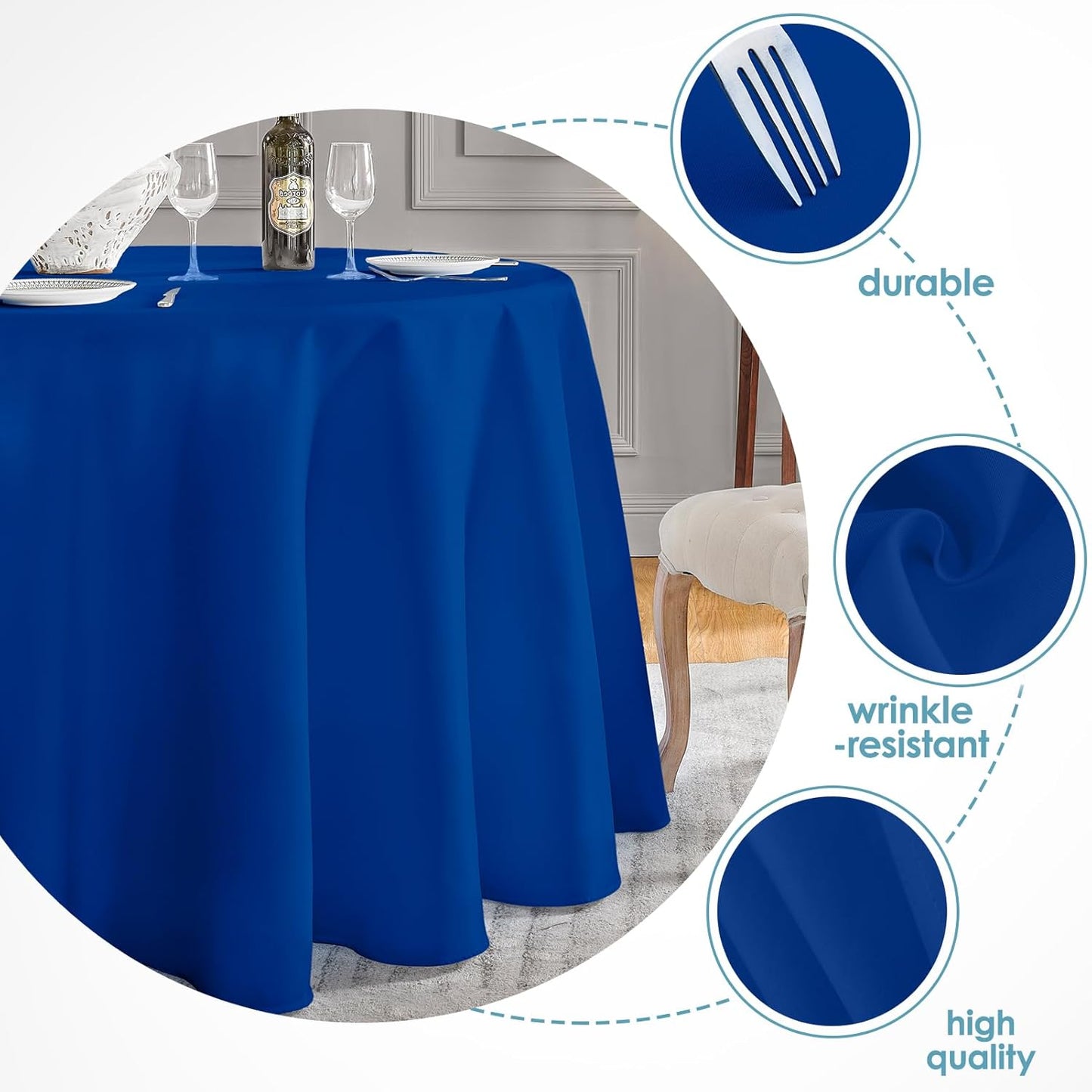 VidaFete Tablecloth 2 Pack 120inch Round Table Cloth Polyester, Stain Wrinkle Resistant Polyester Dining Table Cover for Kitchen Dinning Party Wedding Round Tabletop Buffet Decoration(Royal Blue)