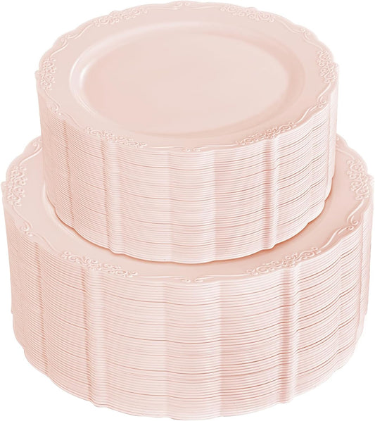 U-QE 100PCS Mauve Pink Plastic Plates - Plastic Party Plates Disposable Heavy Duty - Pink Disposable Plates for Party Including 50PCS 10'' Dinner & 50PCS 7.5'' Dessert