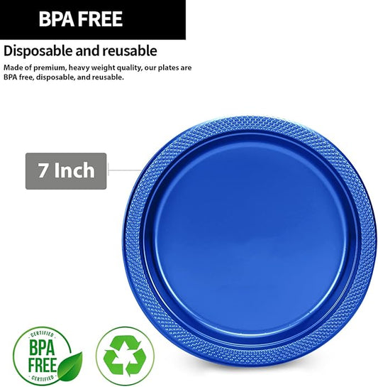 Blue Plastic Plates 7 Inch - 50 count - Plastic Solid Round Party Plates For Weddings, BBQs, Birthday Plates - Disposable Blue Plates - Plastic Dessert Plates