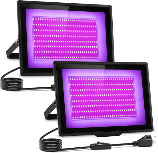 2 Pack 200W LED Black Light IP66 Waterproof,Blacklight with Plug+Switch, Flood Light for Glow Party,Halloween Decoration, Body Paint, Fluorescent Poster, Stage Lighting,Neon Glow,5.25Ft Cord