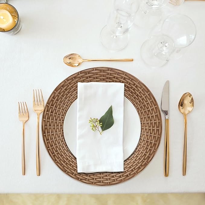 MAONAME Faux Rattan Charger Plates Set of 12, Table Chargers for Dinner Plates, 13" Round Brown Plate Chargers, Plastic Charger for Table Setting, Wedding Decor