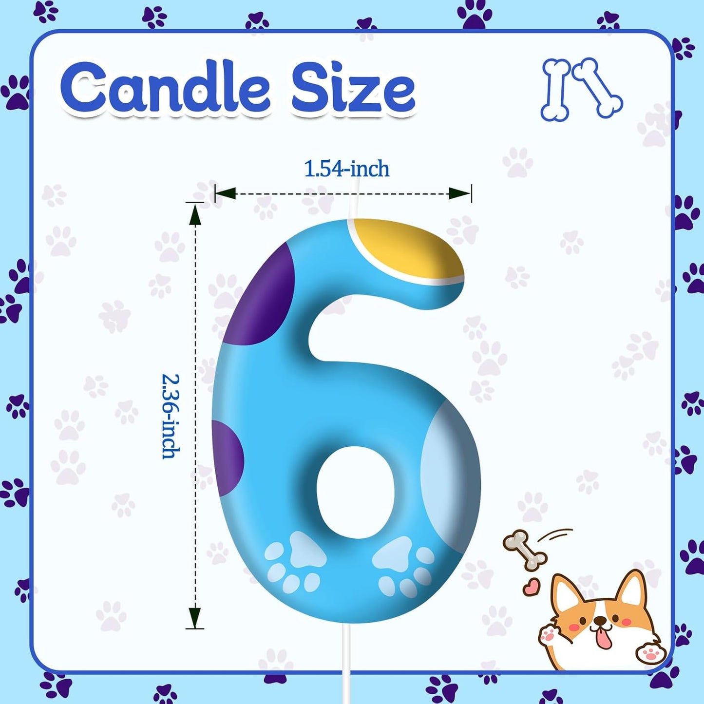 Blue Dog Paw Birthday Candles Cake Topper Numeral Birthday Candles for Boy Girl Dog Paw Decoration(Number 6)