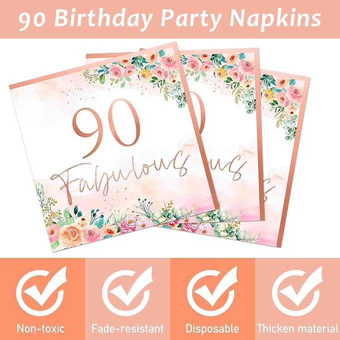 OBUSATT 96Pcs Floral 90 Fabulous Party Supplies 90th Birthday Paper Plates Napkins Rose Gold Party Decorations 90 Years Dinnerware Party Favor Women 90th Tableware Serves 24