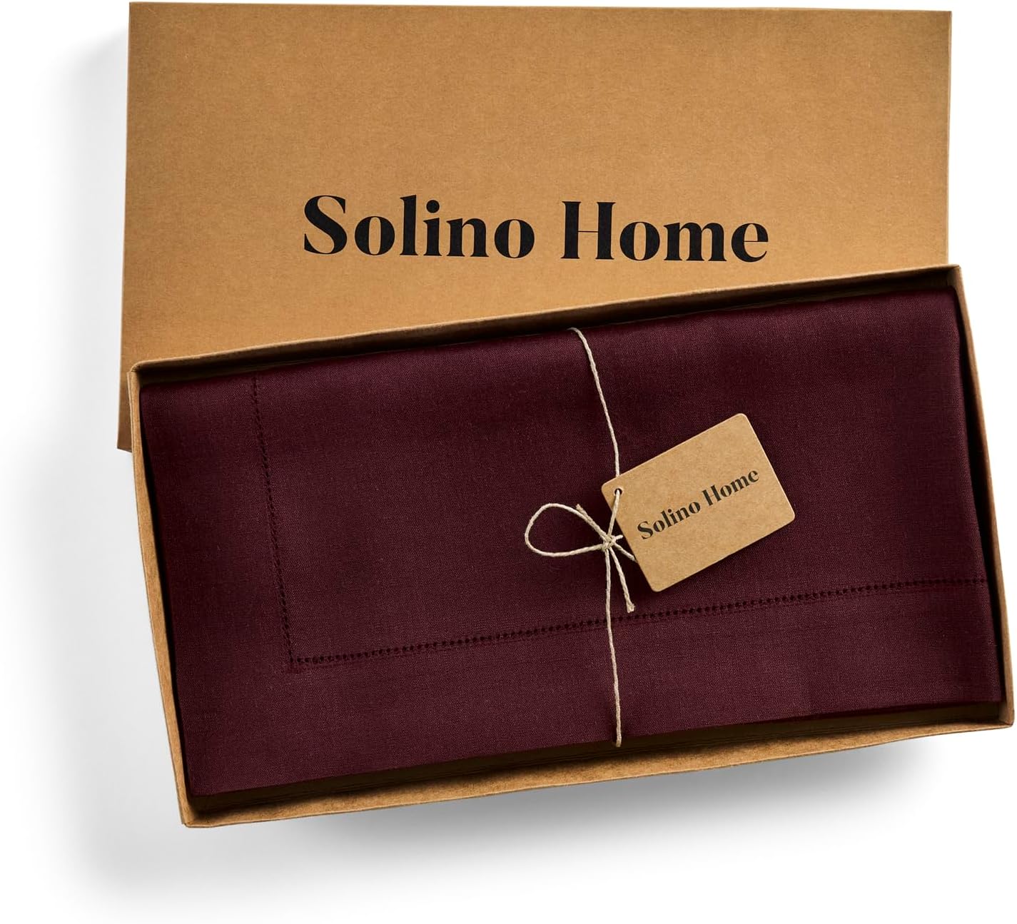 Solino Home Linen Square Tablecloth 52 x 52 Inch - 100% Pure Linen Burgundy Table Throw - Classic Hemstitch, Machine Washable Table Cloth for Fall, Autumn, Thanksgiving, Holiday