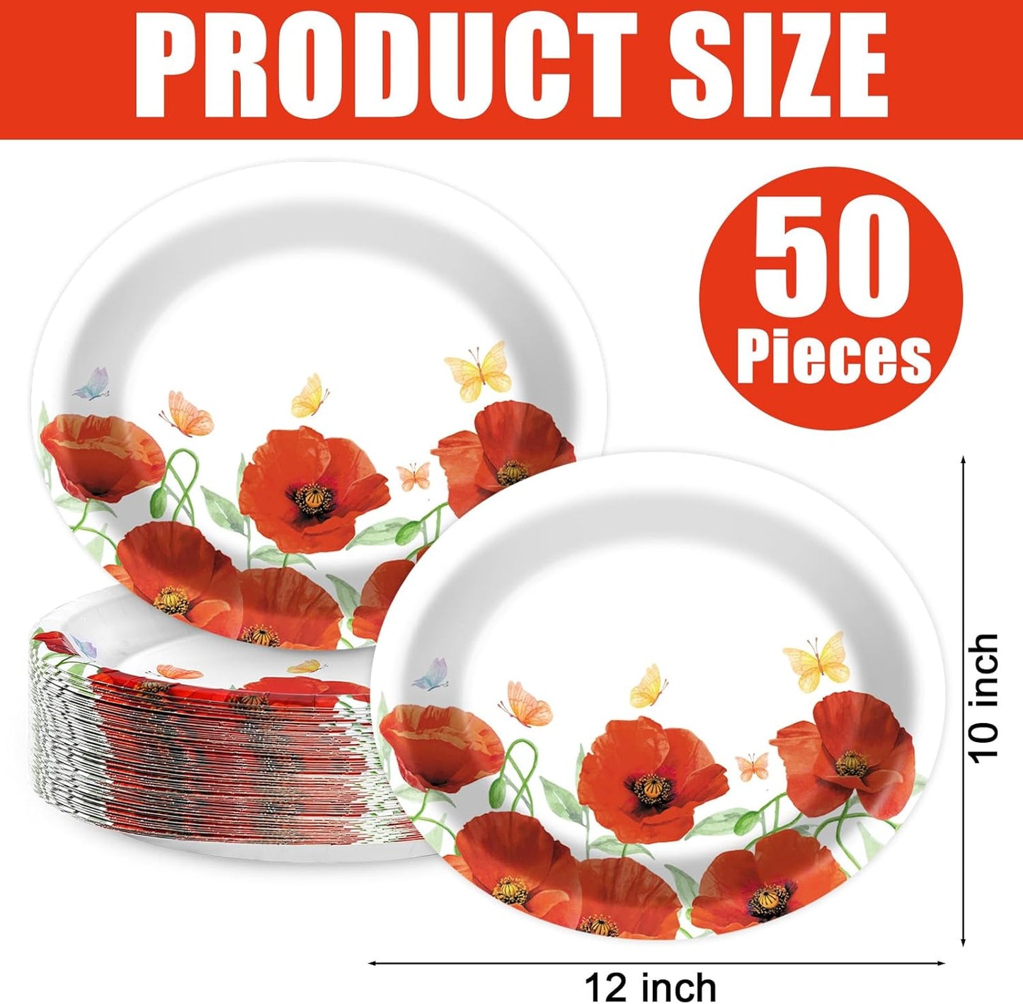 Poppy Oval Paper Plates 10’’ x 12’’,Large Disposable Heavy Duty and White Buffalo Checked Plaid Paper Plates for Birthday Wedding Bridal Baby Shower Tea Party Supplies,50 Guest