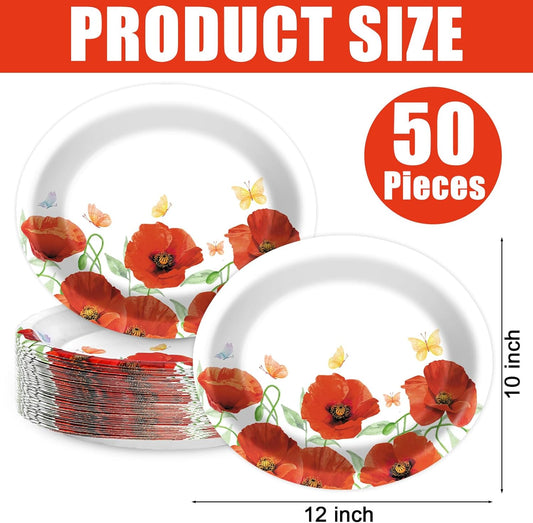 Poppy Oval Paper Plates 10’’ x 12’’,Large Disposable Heavy Duty and White Buffalo Checked Plaid Paper Plates for Birthday Wedding Bridal Baby Shower Tea Party Supplies,50 Guest