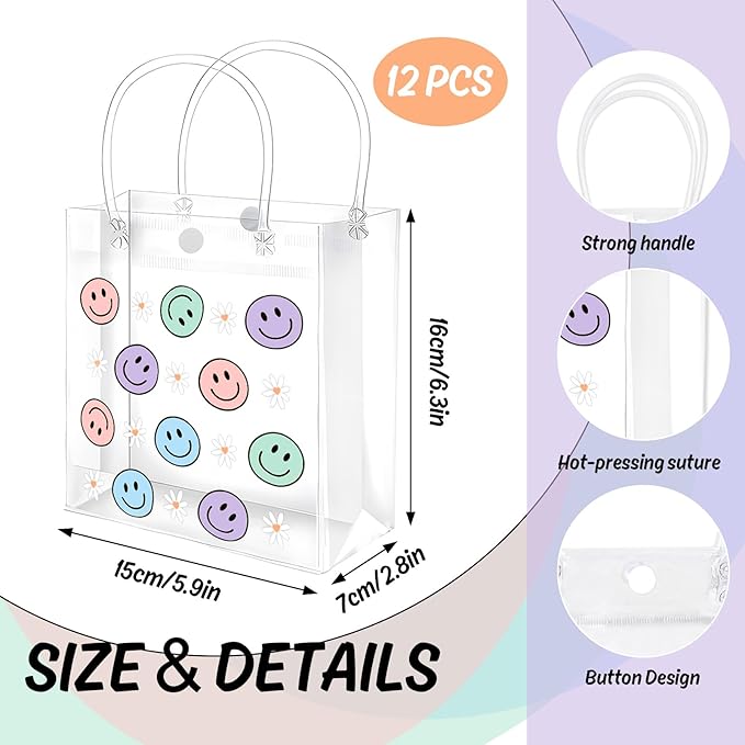 FYSUIMU 12 Pcs Boho Smile Face Clear PVC Gift Bags Colored Happy Face Daisy Flower Party Favor Bags with Handle Preppy Treat Tote Bag for Birthday Baby Shower Holiday