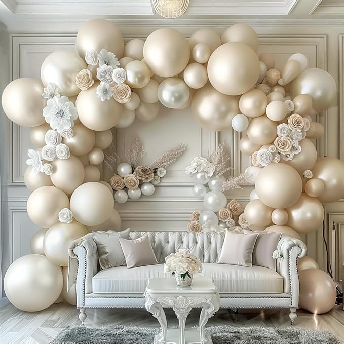 Pearl White Balloon Garland Double Stuffed Sand White Balloons Different Sizes 18/12/5in Pastel Ivory Cream Balloon Arch Kit for Wedding Bridal Baptism Baby Shower Birthday Party Decorations