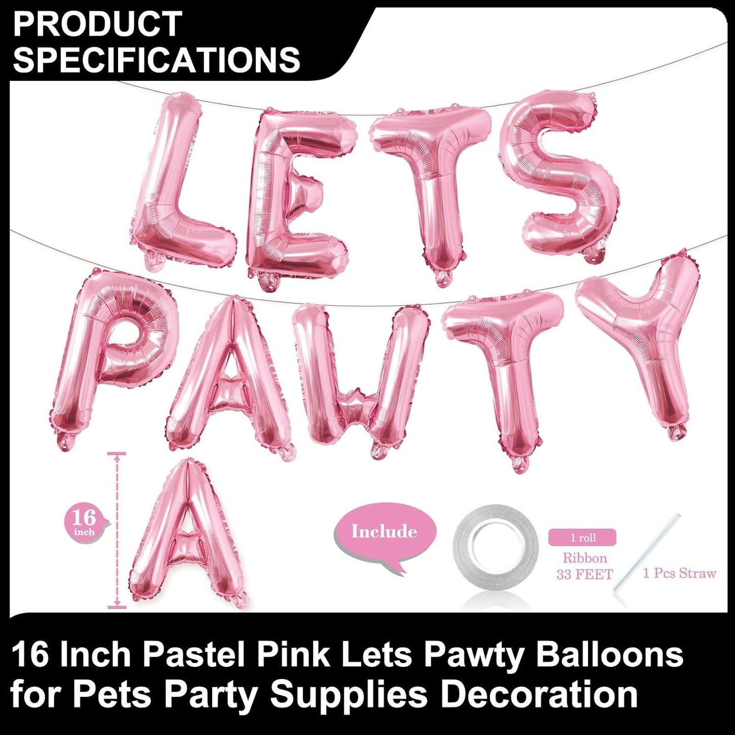 9 Pcs Lets Pawty Balloons Banner 16 Inch, Dog Cat Pet Birthday Letters Sign Lets Pawty Balloons Happy Birthday Banner for Pet Dog Cat Party Supplies Decorations (Pastel Pink)