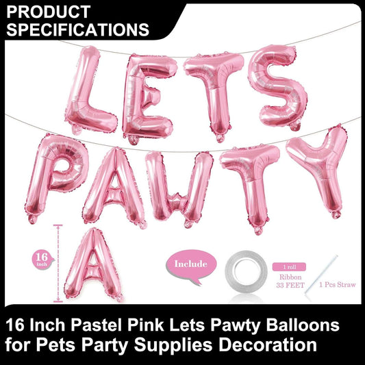 9 Pcs Lets Pawty Balloons Banner 16 Inch, Dog Cat Pet Birthday Letters Sign Lets Pawty Balloons Happy Birthday Banner for Pet Dog Cat Party Supplies Decorations (Pastel Pink)