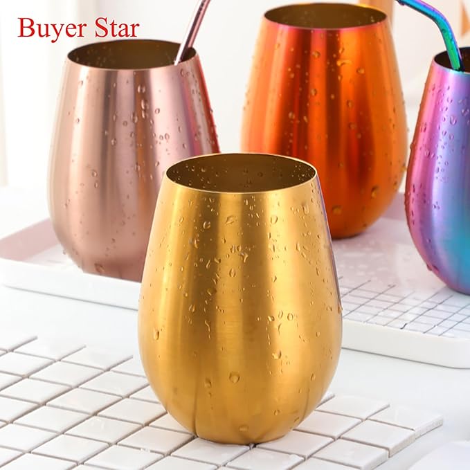 Buyer Star 304 Stainless Steel Wine Glasses Set of 4 - Large 17 oz Outdoor Stemless Wine Tumblers - 100% Unbreakable & Stemless Metal Drinking Cups for Home and Outdoors Dishwasher safe (Orange Red)