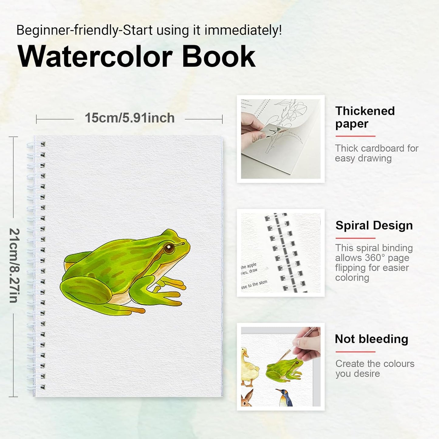 Watercolor Workbooks with Step by Step for Adults Teens - Beginner Watercolor Workbook with 12 Coloring Book Pages -100% Cotton 300gsm/140lb Watercolor Paper(Animals)