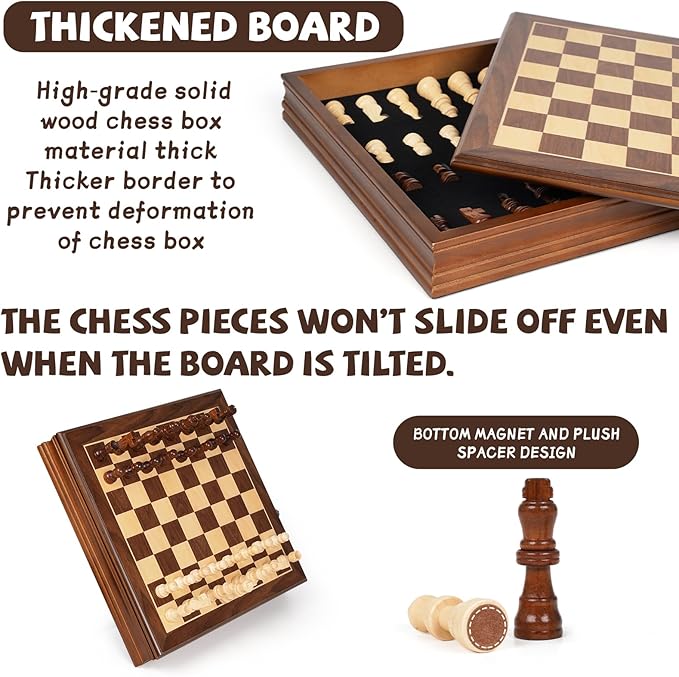 Magnetic Wooden Chess Set for Adults and Kids 12'' Chess Board with Handmade Magnetic Chess Pieces with 2 Extra Queens, Classic Strategy Game, Educational Board Game Gift