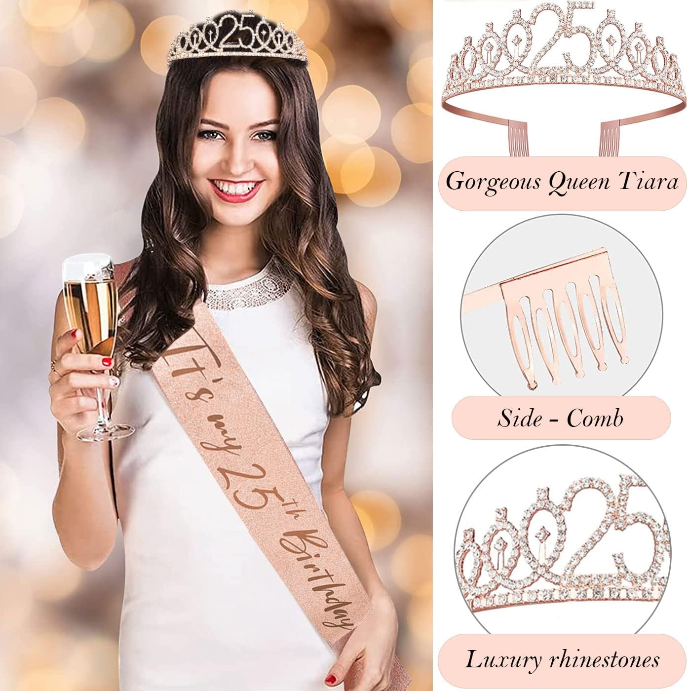 25th Birthday Decorations Gifts for Women, Including 25 year old Cake Topper, Queen Sash with Pearl Pin, Sweet Rhinestone Tiara Crown, Number Candles and Balloons Set, Rose Gold