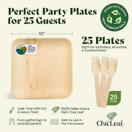 Chic Leaf Palm Leaf Plates Disposable Inch Square Pack Compostable Biodegradable & Eco Friendly Plates, Romantic Valentine's Day Table Setting Microwave Safe Disposable (10'' - 25 Pack)