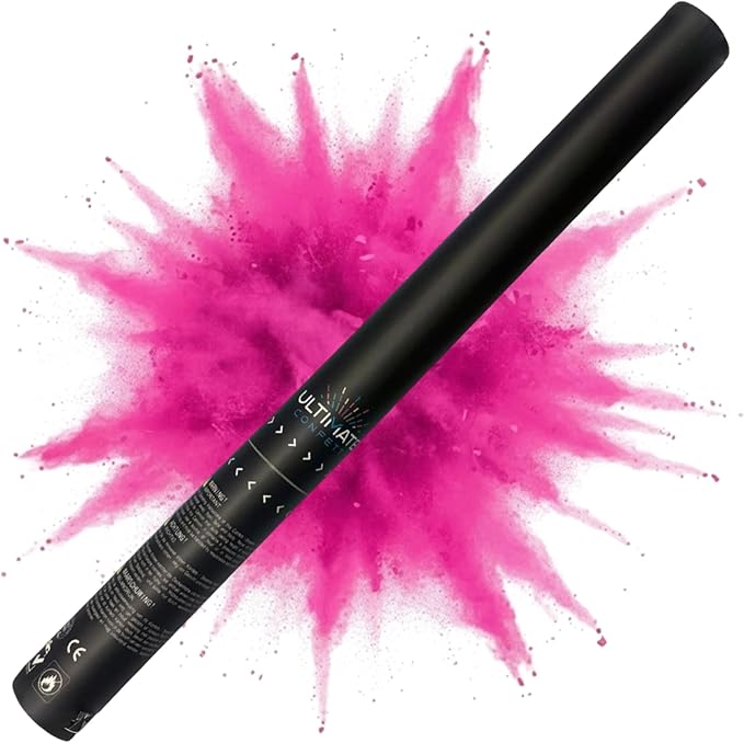 Ultimate Confetti – Handheld Gender Reveal Powder Cannon 24” Pink – Non-Toxic Food-Grade Powder Popper Cannon – Pre-Filled, Leak-Resistant Single-Use Cannon – 15–25 ft Outdoor Photo-Ready Explosion